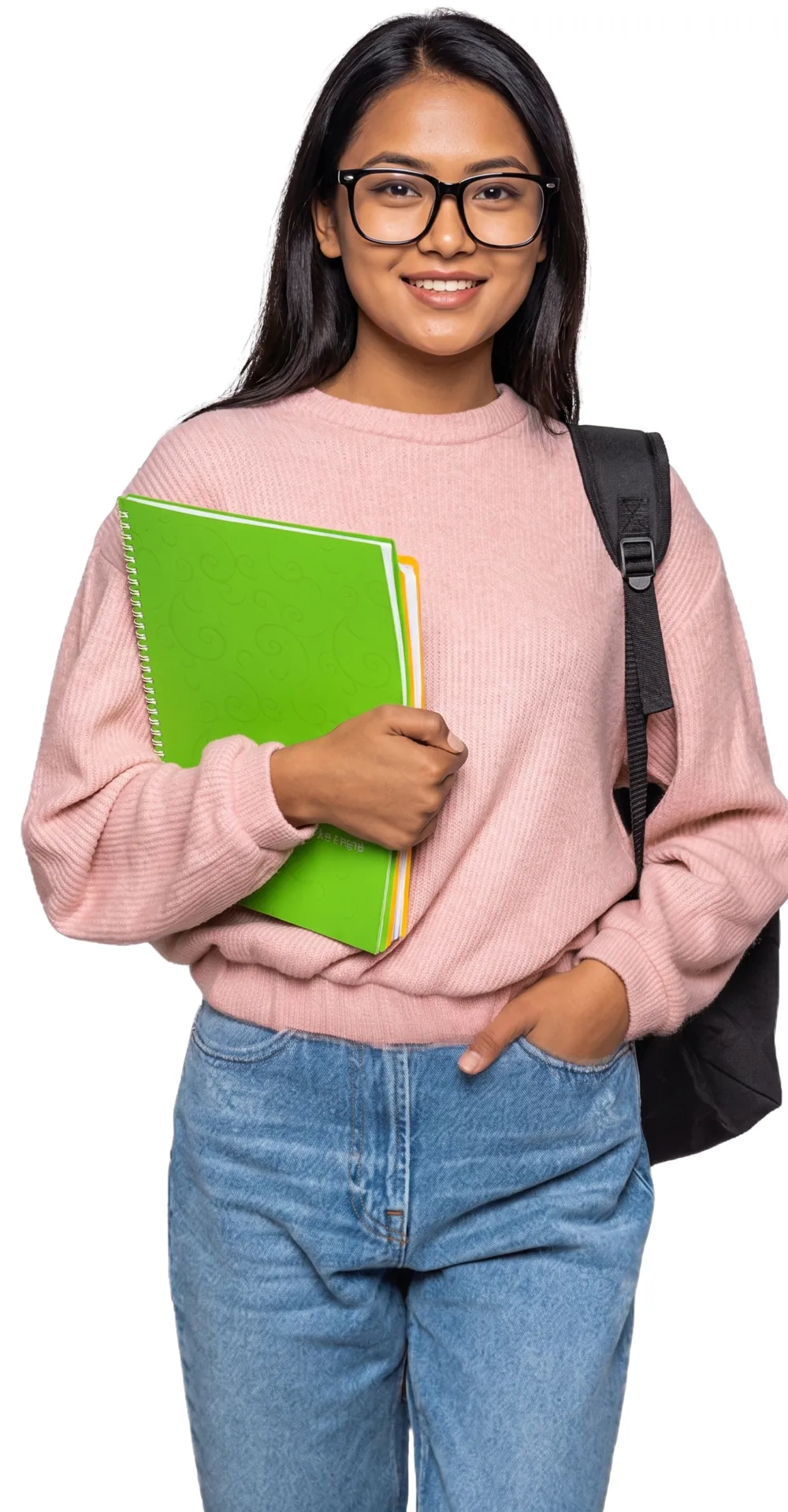 Student holding notebooks and a backpack
